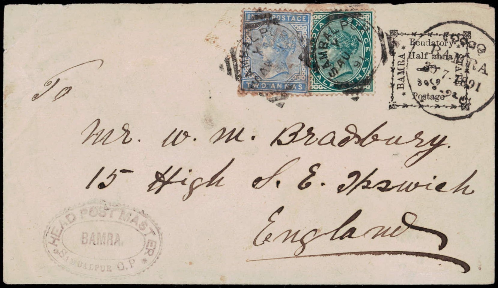 Bamra postal stationery to William Bradbury, Stamp Dealer, Ipswich Bamra postal stationery to William Bradbury, Stamp Dealer, Ipswich